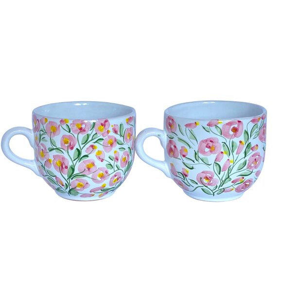 Terra Pink Rose Floral Hand Painted Ceramic 16oz Large Coffee Mugs Set Of 2 - Picture 4 of 14